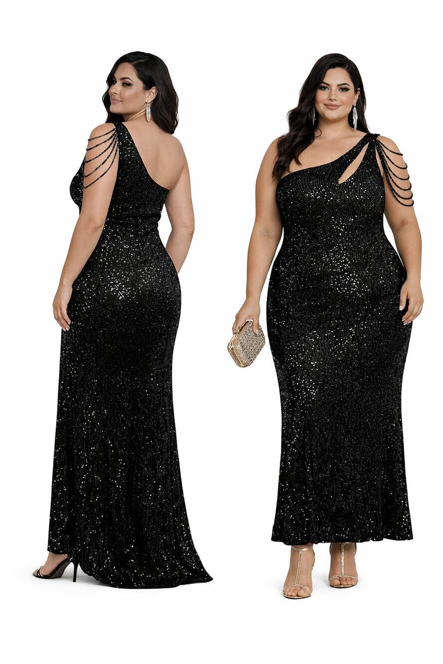 One Shoulder Sequin Evening Gown with Beaded Fringe and Cut Out giffniseti
